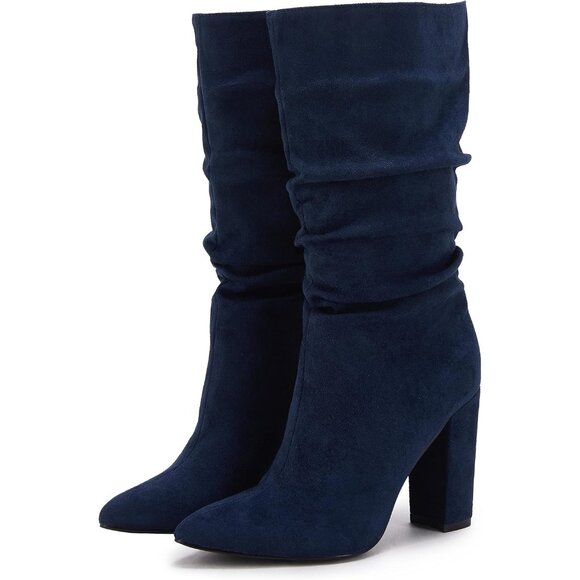 🆕Women's Navy Suede Mid Calf High Slouchy Chunky Heel Block Pointed Toe Boots - Picture 4 of 10